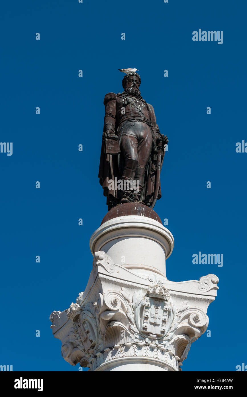Monument Dom Pedro IV. with pigeon on his head, Lisbon, Portugal Stock Photo