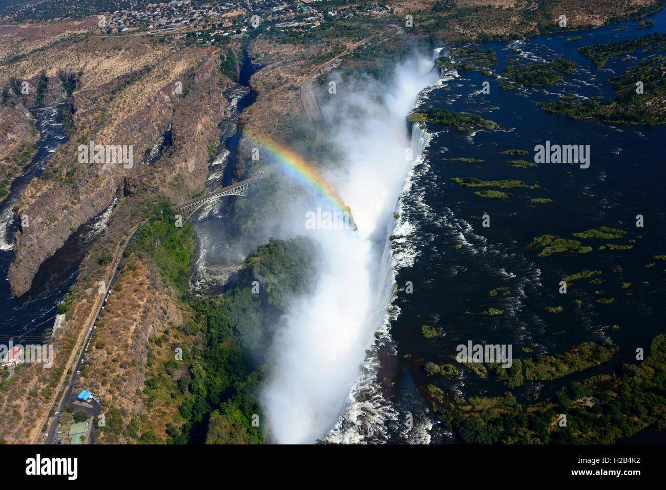 Aerial View, Zambezi river flows into the Victoria Falls waterfall with