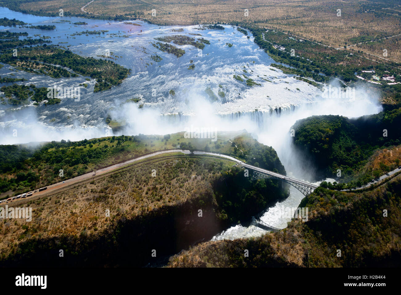 Aerial View, Zambezi river flows into the Victoria Falls, waterfall