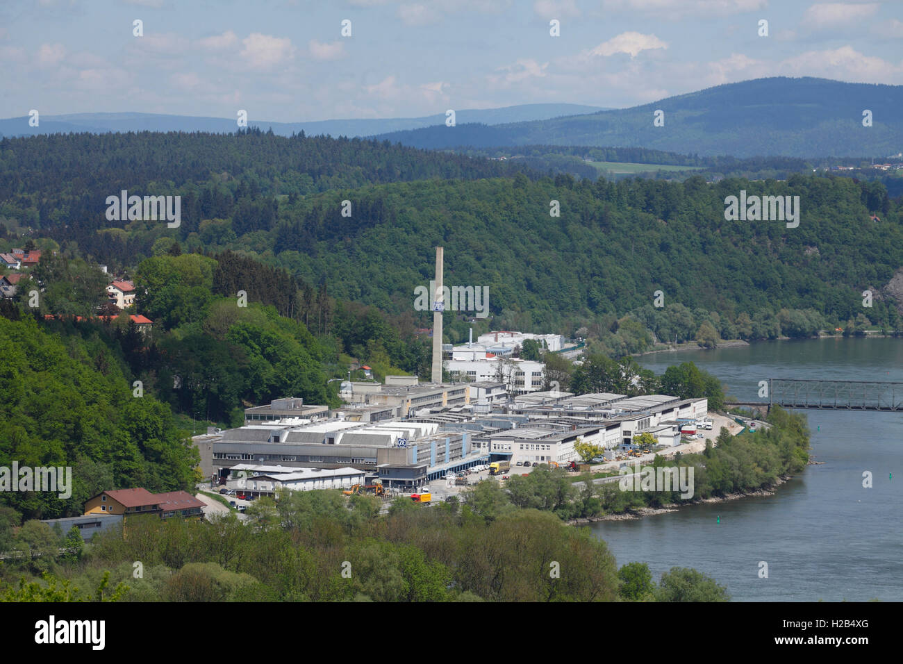 Factory, ZF Friedrichshafen AG, River Danube, automotive supplier, Friedrichshafen, Lower Bavaria, Bavaria, Germany Stock Photo