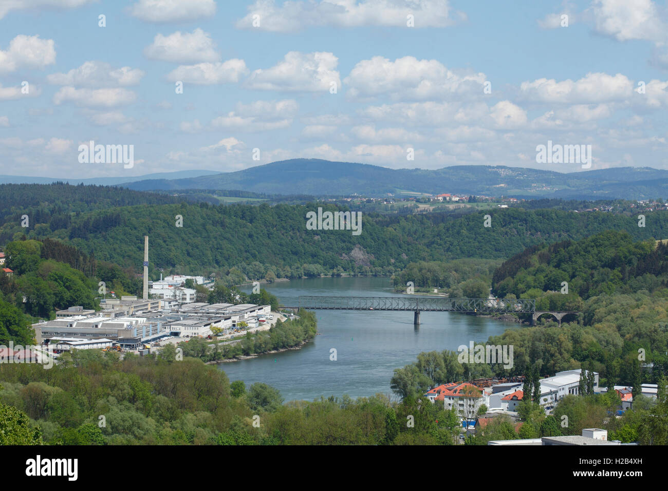 Factory, ZF Friedrichshafen AG, automotive supplier, railway bridge across River Danube, Friedrichshafen, Lower Bavaria, Bavaria Stock Photo