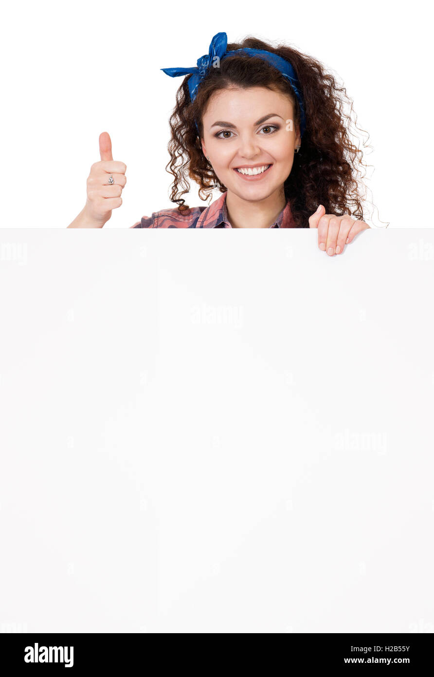 Woman holding signboard Stock Photo