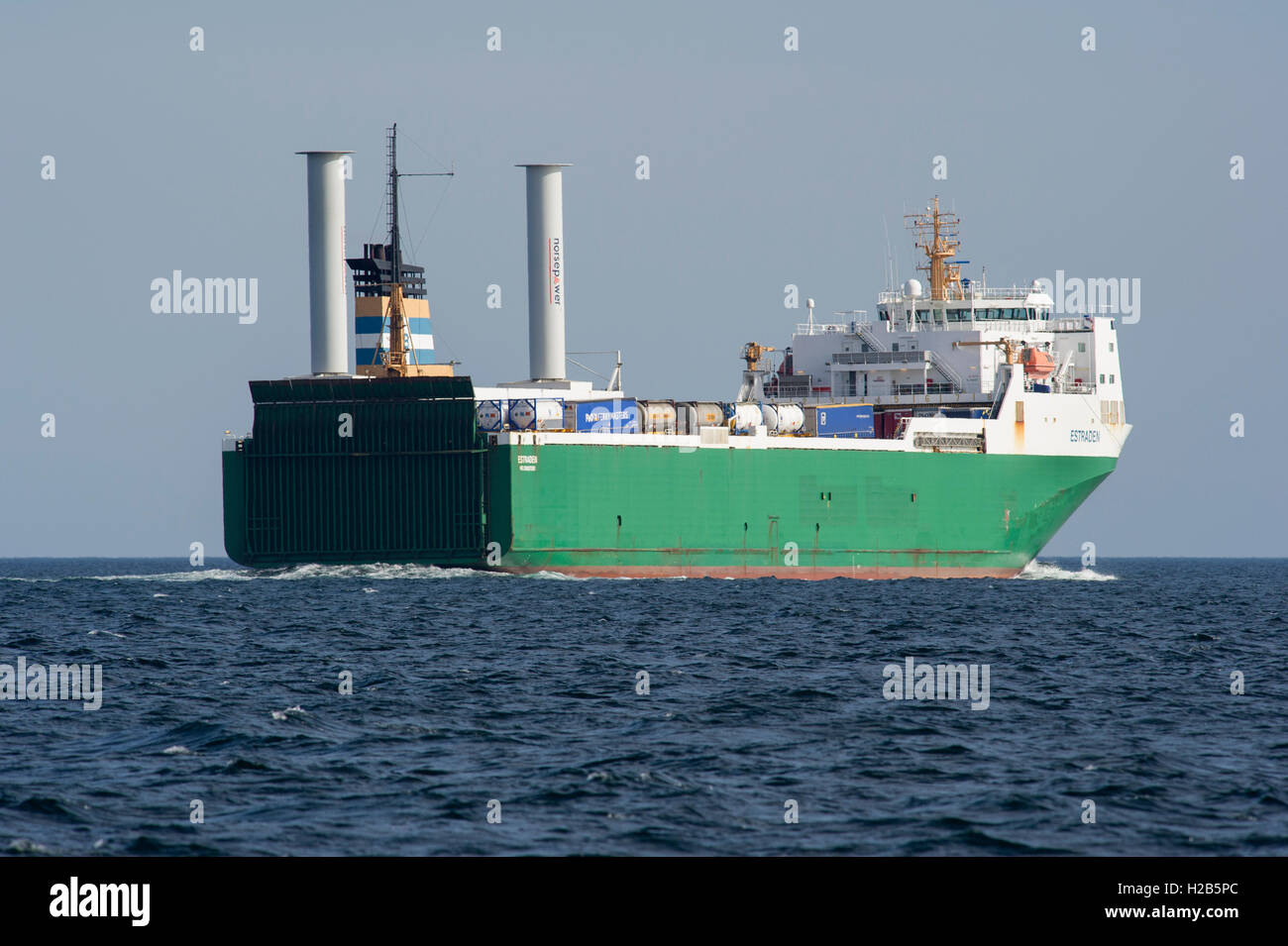 The MS Estraden cargo ship with Norse Power rotor sail wind turbines
