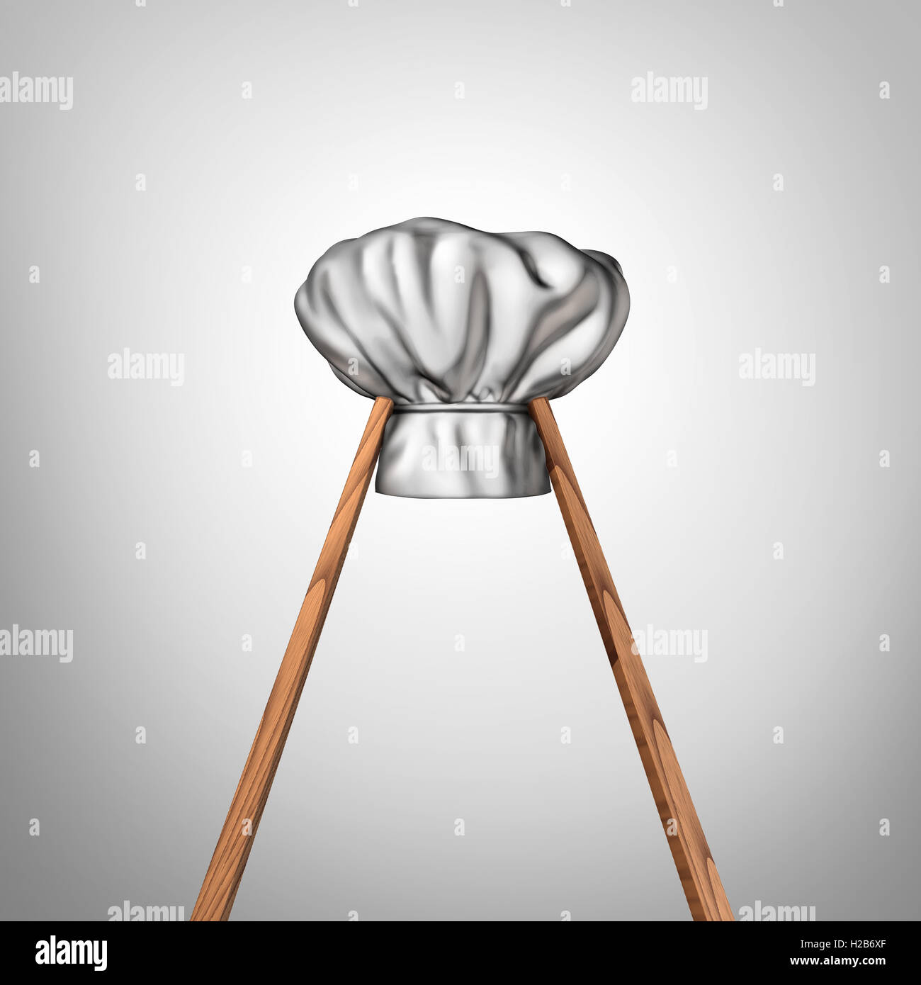 Asian cuisine as a pair of chopsticks holding a chef hat as an oriental restaurant cooking concept and eastern culture symbol for Chinese Japanese Korean Vietnamese and Thai food tradition as a 3D illustration. Stock Photo