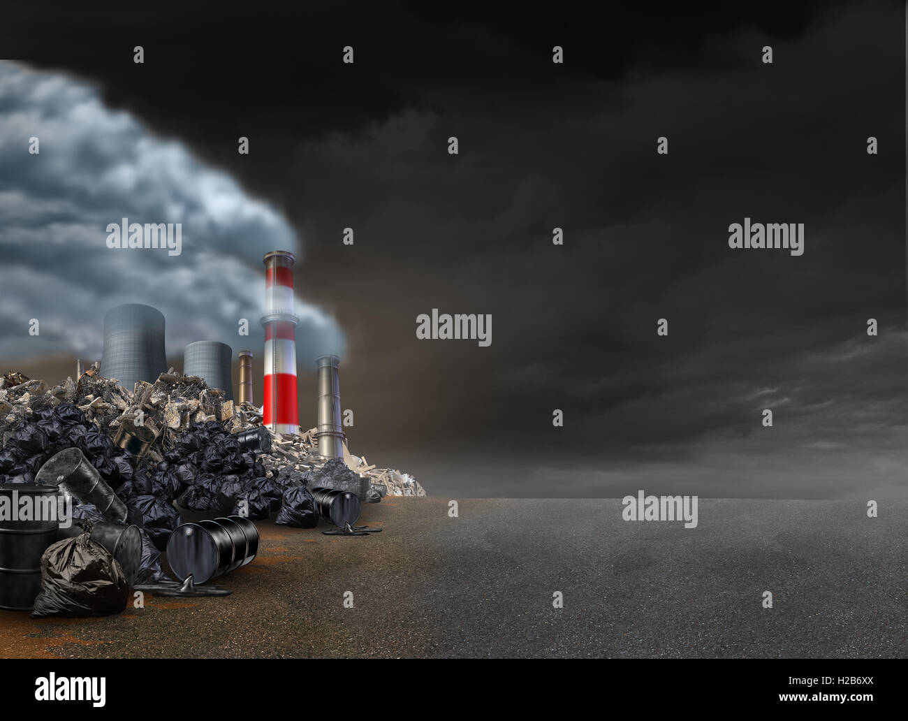 Pollution background and power plant emitting polluted air with smokestacks and toxic garbage in an urban setting with blank text area as an environmental symbol with 3D illustration elements. Stock Photo