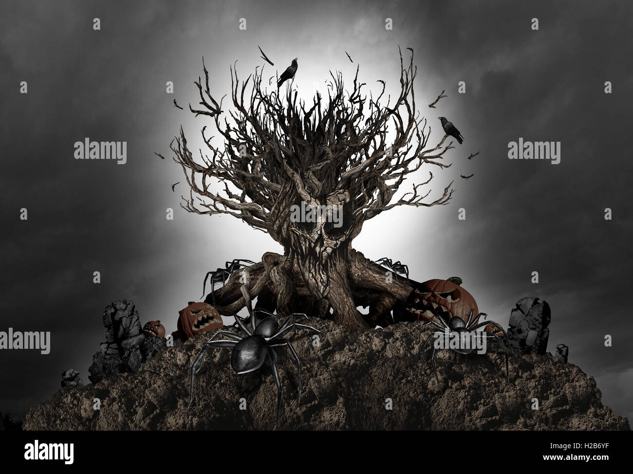 Halloween haunted creepy tree night background as an old growth plant shaped as a monster skull with pumpkins and spiders as a scary autumn scenery as a horror theme with 3D illustration elements. Stock Photo