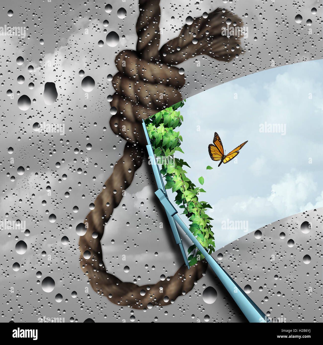 Concept of suicide prevention psychology therapy and psychiatrist or psychologist treatment to stop depressed suicidal people from ending thier lives as a wiper clearing a negative cloudy noose revealing bright positive future with 3D illustration element Stock Photo