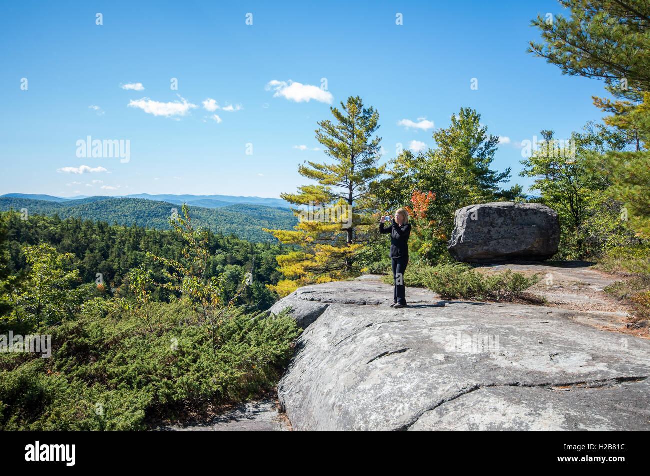 Female hiker taking in forest view on cliff hires stock photography