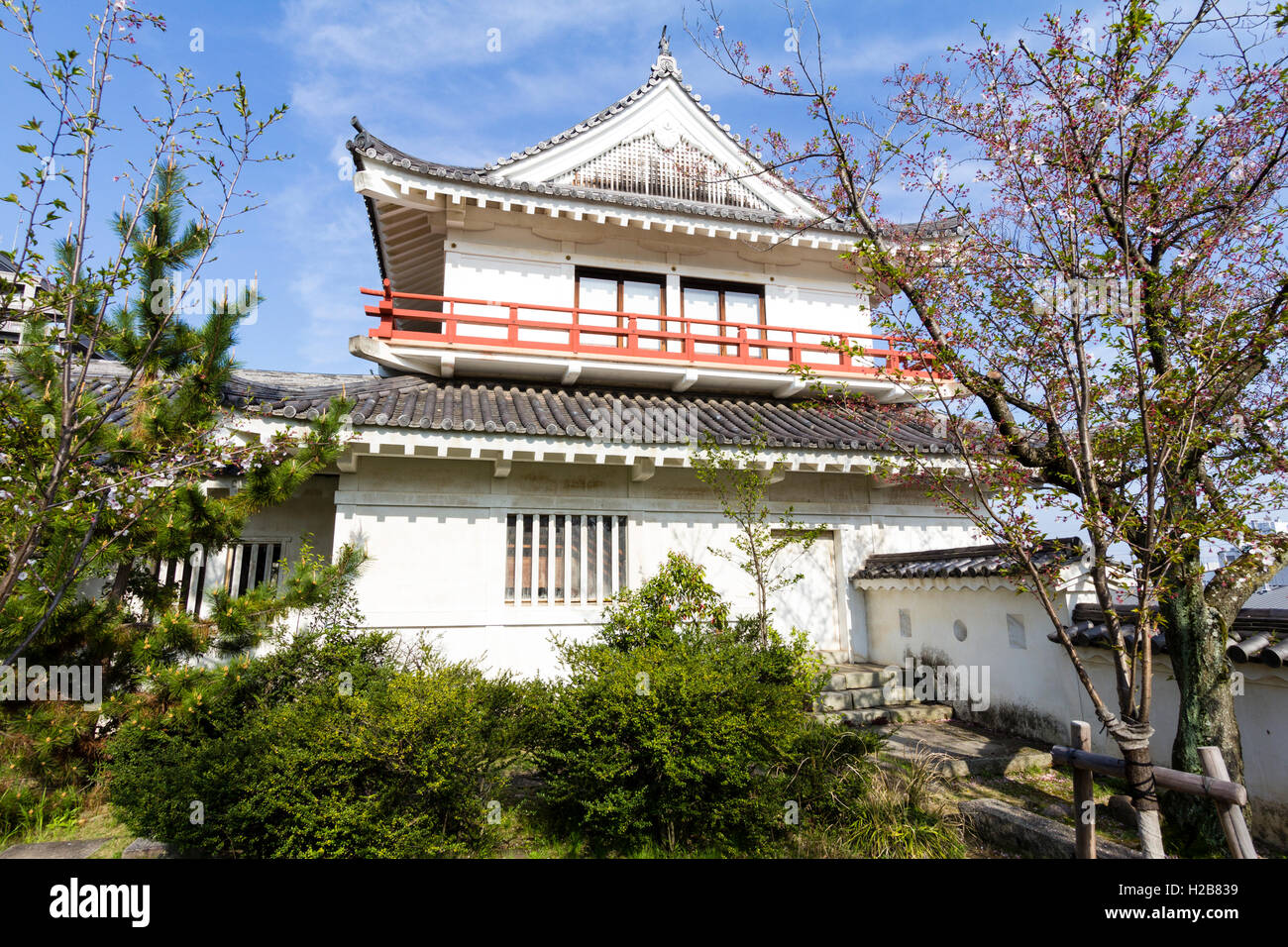 Fukuyama castle in Japan. The original corner two story Tsukimi yagura, or 'moon-viewing' turret, located on the inner castle wall. Stock Photo