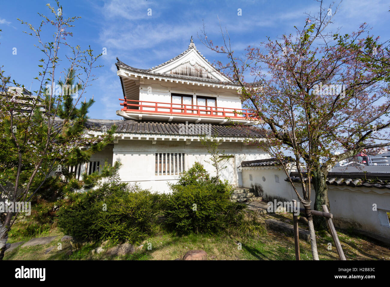 Fukuyama castle in Japan. The original corner two story Tsukimi yagura, or 'moon-viewing' turret, located on the inner castle wall. Stock Photo