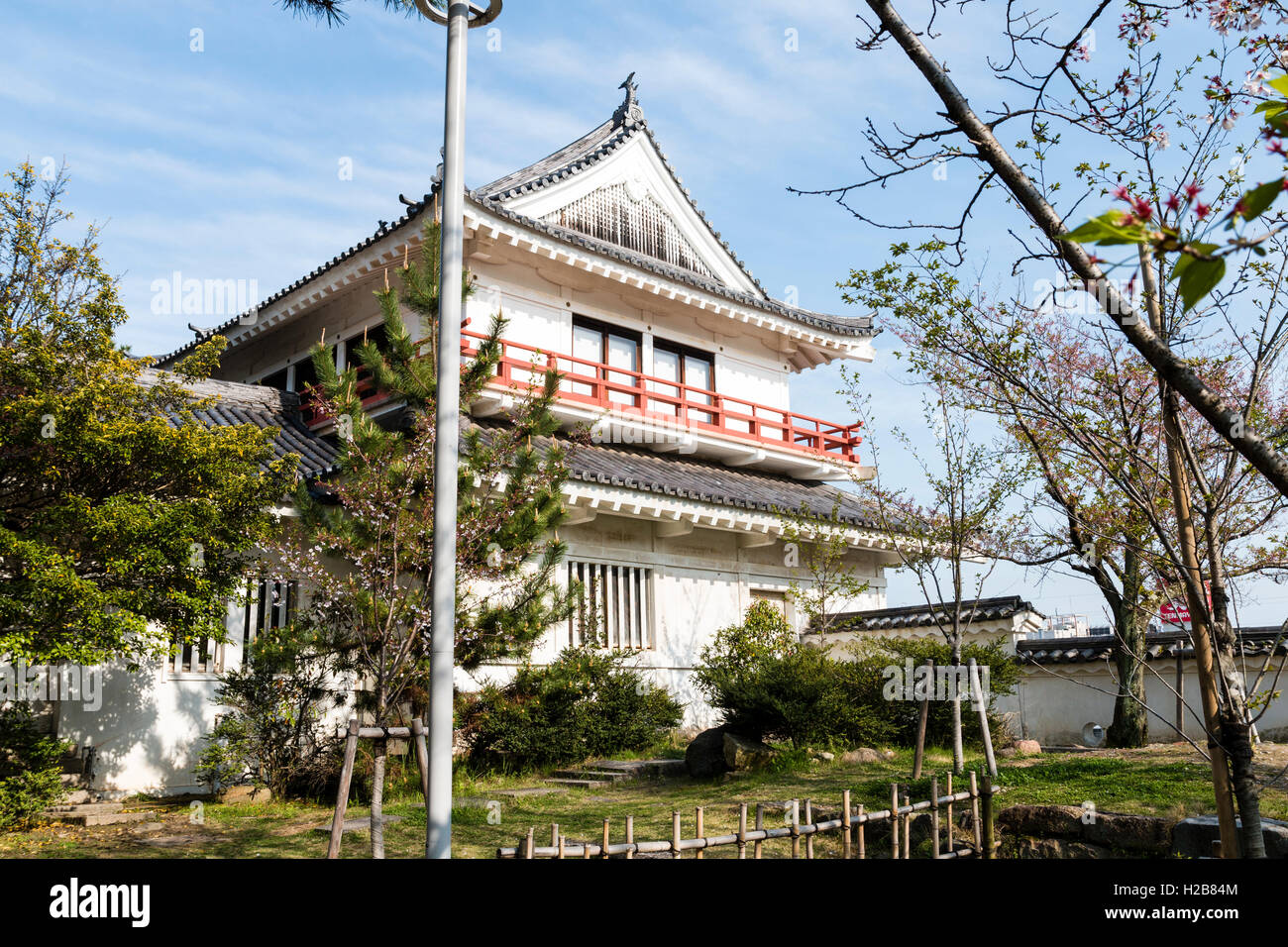 Fukuyama castle in Japan. The corner two story Tsukimi yagura, or 'moon-viewing' turret, located on the inner castle wall. Stock Photo