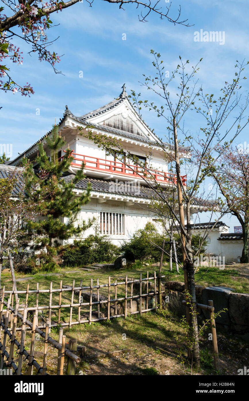 Fukuyama castle in Japan. The corner two story Tsukimi yagura, or 'moon-viewing' turret, located on the inner castle wall. Stock Photo