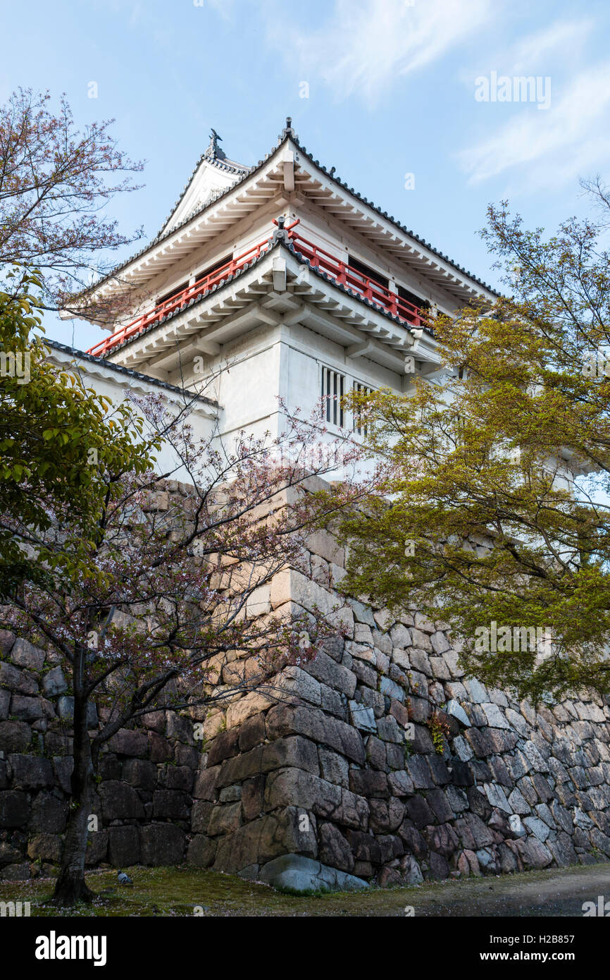 Fukuyama castle in Japan. The corner two story Tsukimi yagura, or 'moon-viewing' turret, located on the inner castle wall. Stock Photo