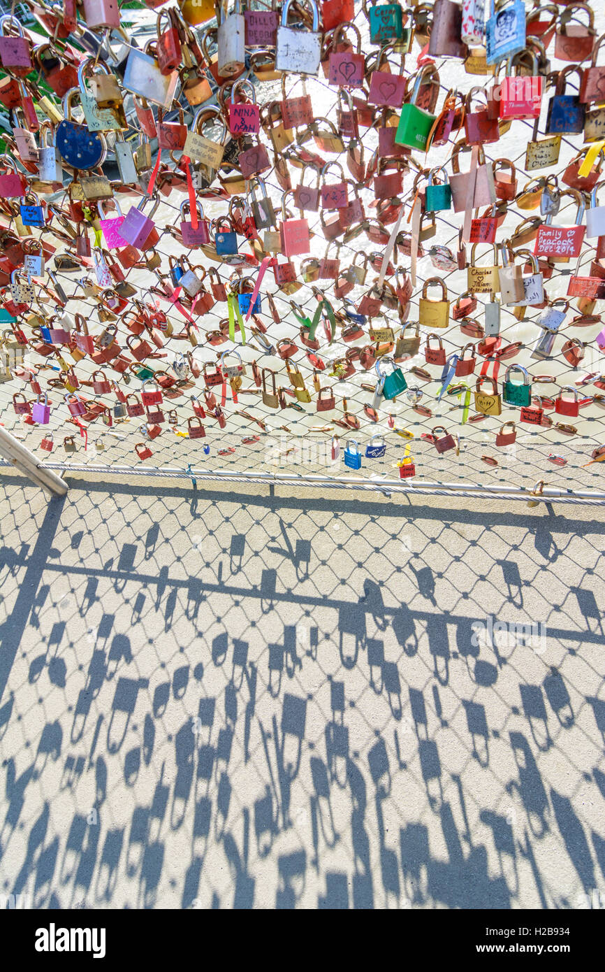 Salzburg: love locks at a bridge, shadows, , Salzburg, Austria Stock Photo