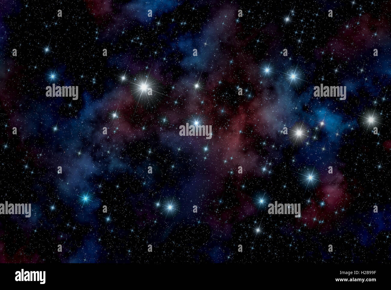 Illustration that shows an universe concept with space crowded by variegated twinkled sparking stars and nebulae. Stock Photo