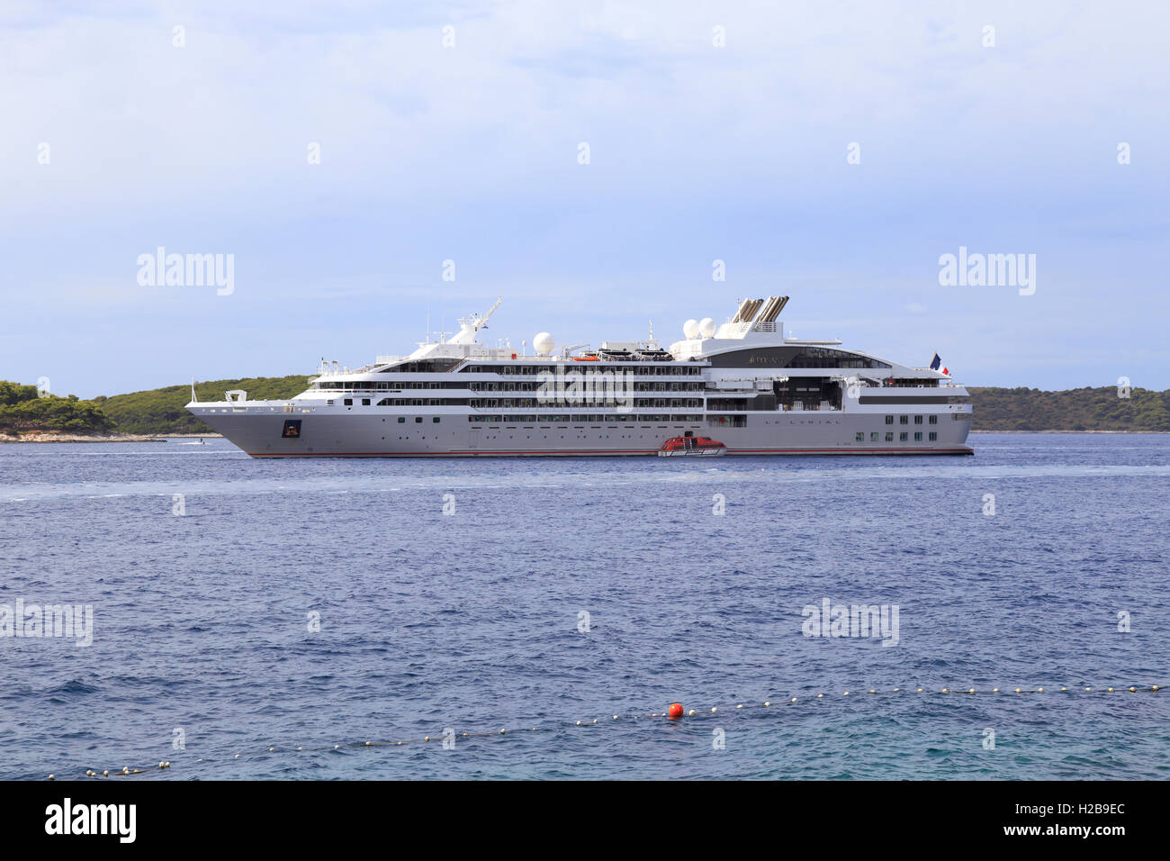 Cruise ship Ponant Le Lyrial anchored off Hvar Island, Croatia, Dalmatia, Dalmatian Coast, Europe. Stock Photo