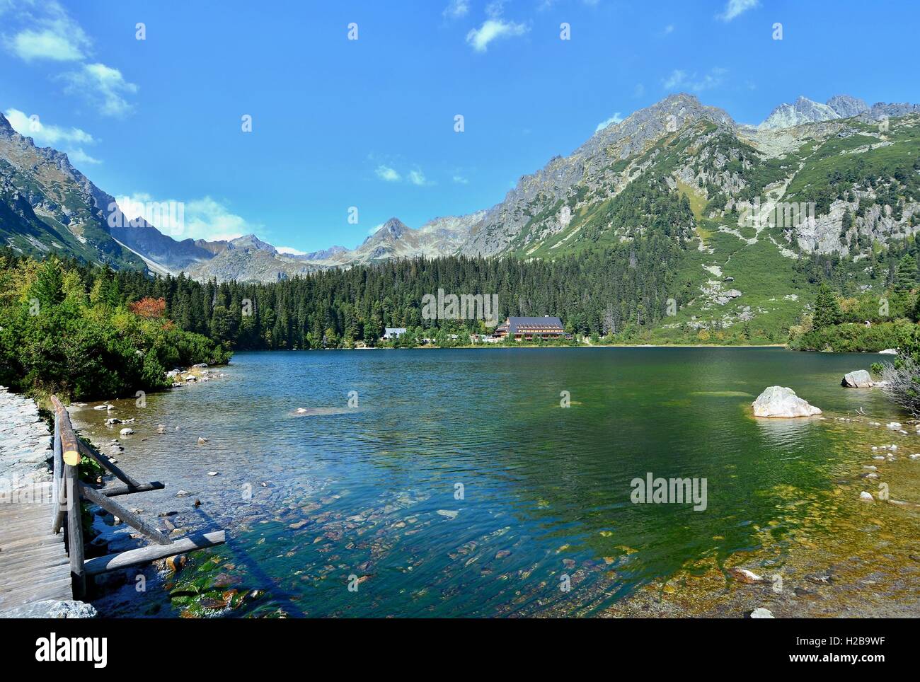 Wide angle landscape shot of glacial lake Popradske pleso in High Tatras. Stock Photo