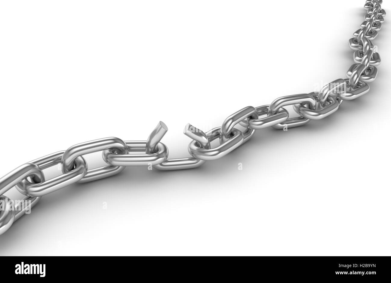Broken chrome chain , This is a 3d rendered computer generated image. Isolated on white. Stock Photo