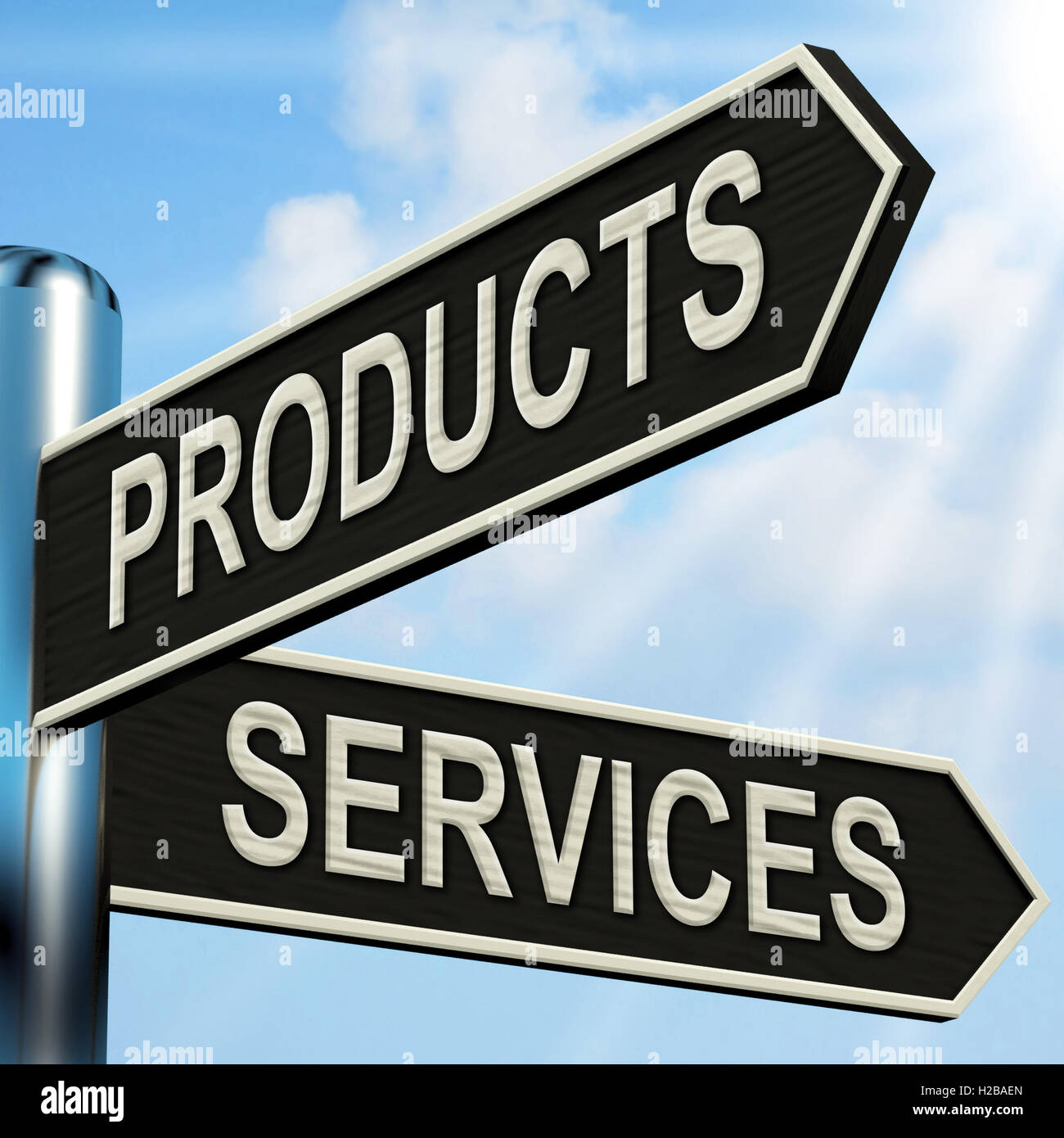 Products Services Signpost Shows Business Merchandise And Servic Stock Photo