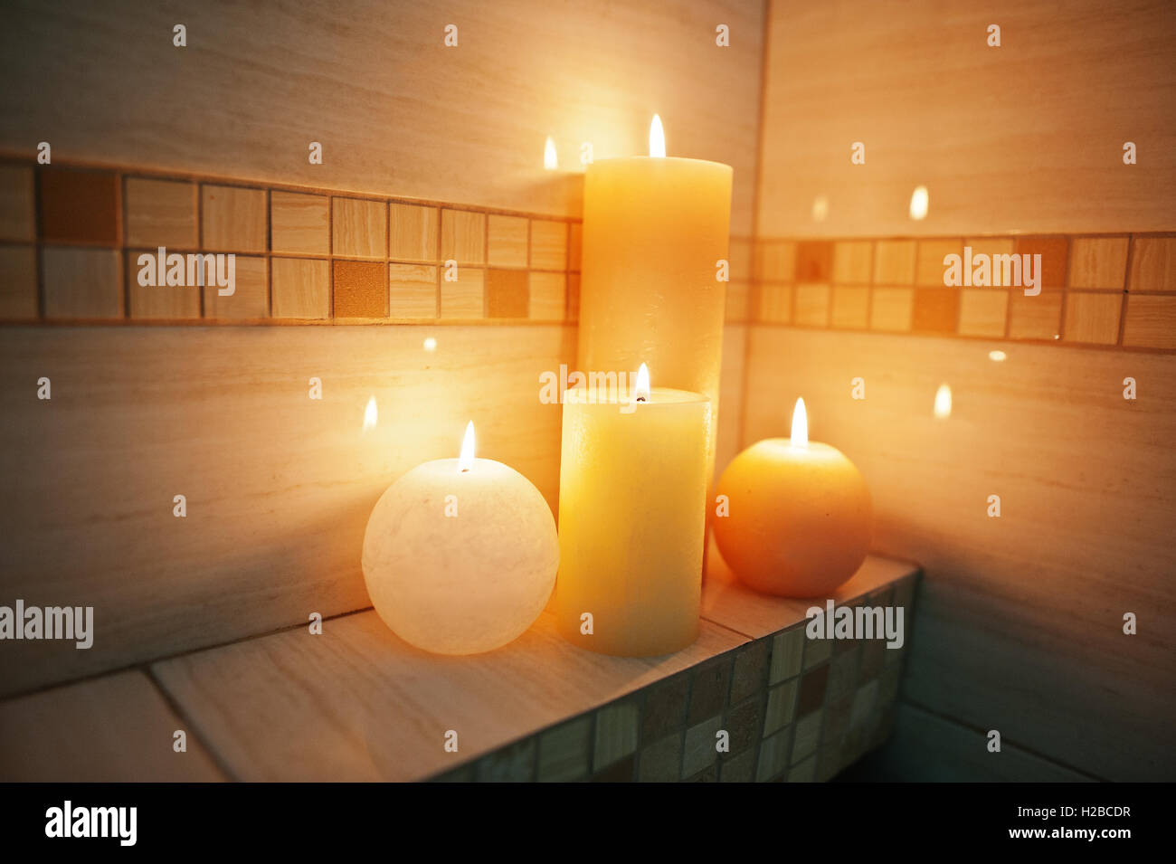 Burning candles in bathroom. Romantic for two Stock Photo Alamy