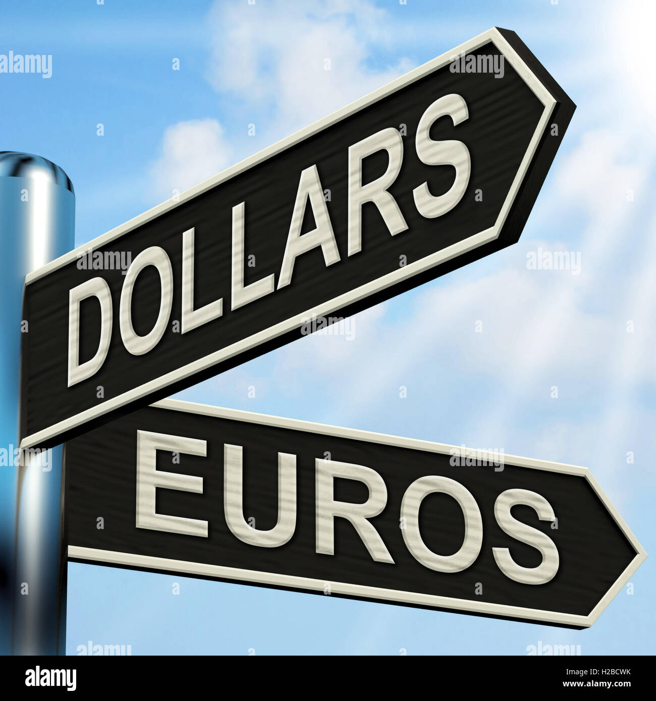 Dollars Euros Signpost Shows Foreign Currency Exchange Stock Photo Alamy
