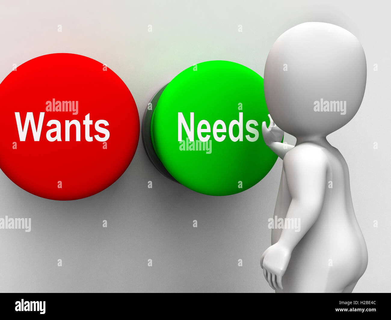 Wants Needs Buttons Shows Materialism Happy Life Balance Stock Photo