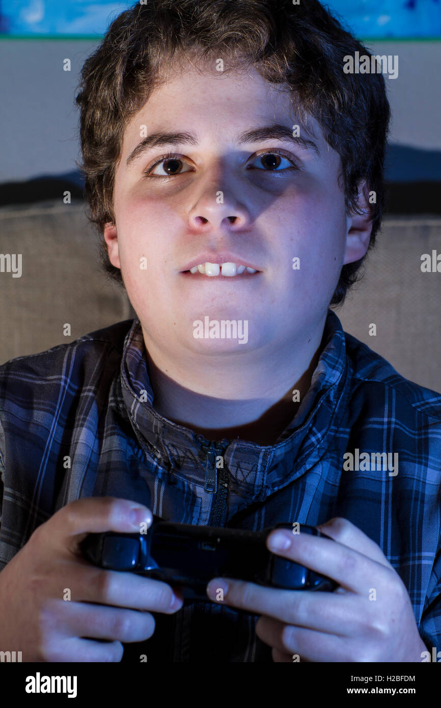 boy with joystick playing computer game at home Stock Photo Alamy