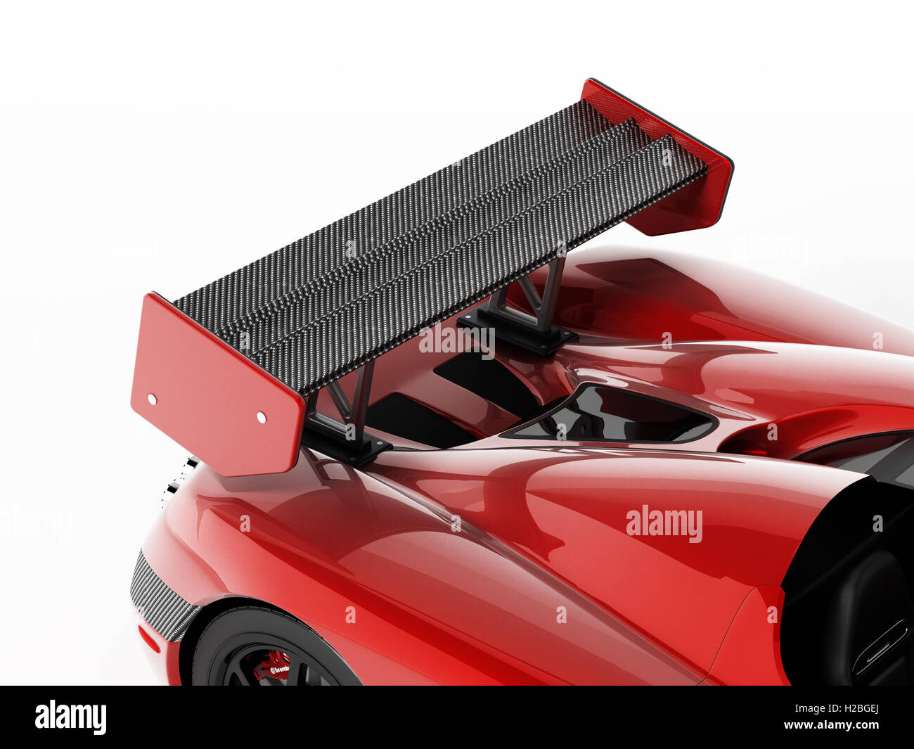 Red race car with carbon fiber spoiler. 3D illustration. Stock Photo
