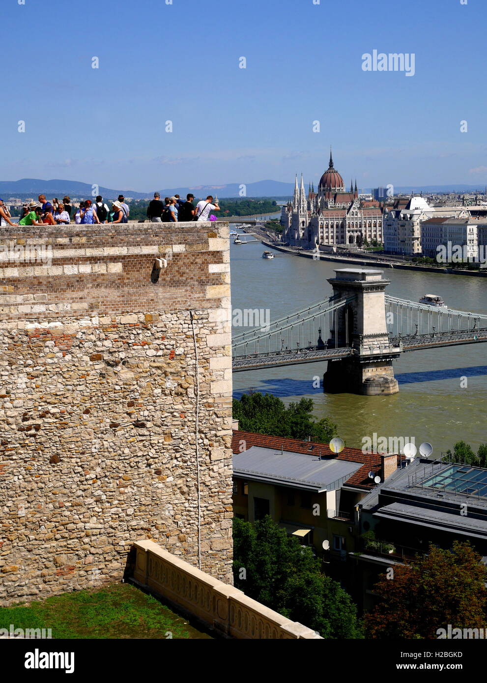 Parliament building, seen from the Royal Palace on Castle Hill, across the Danube, Chain Bridge across the river, Budapest, Hungary Stock Photo