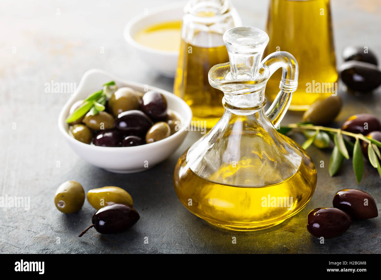 Olive oil in vintage bottles Stock Photo