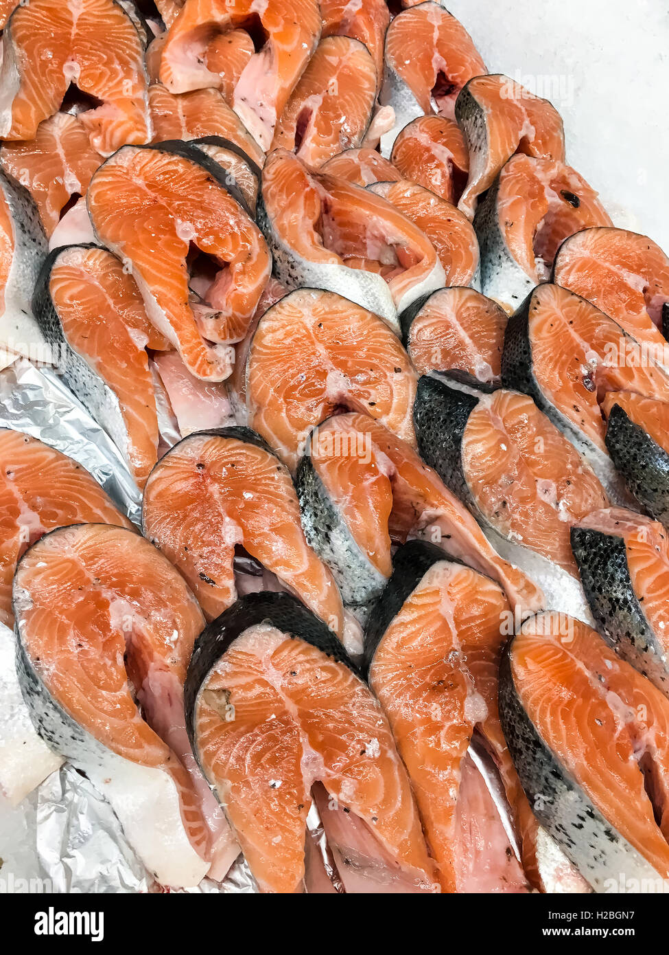 Salmon For Sale In Fish Market Stock Photo