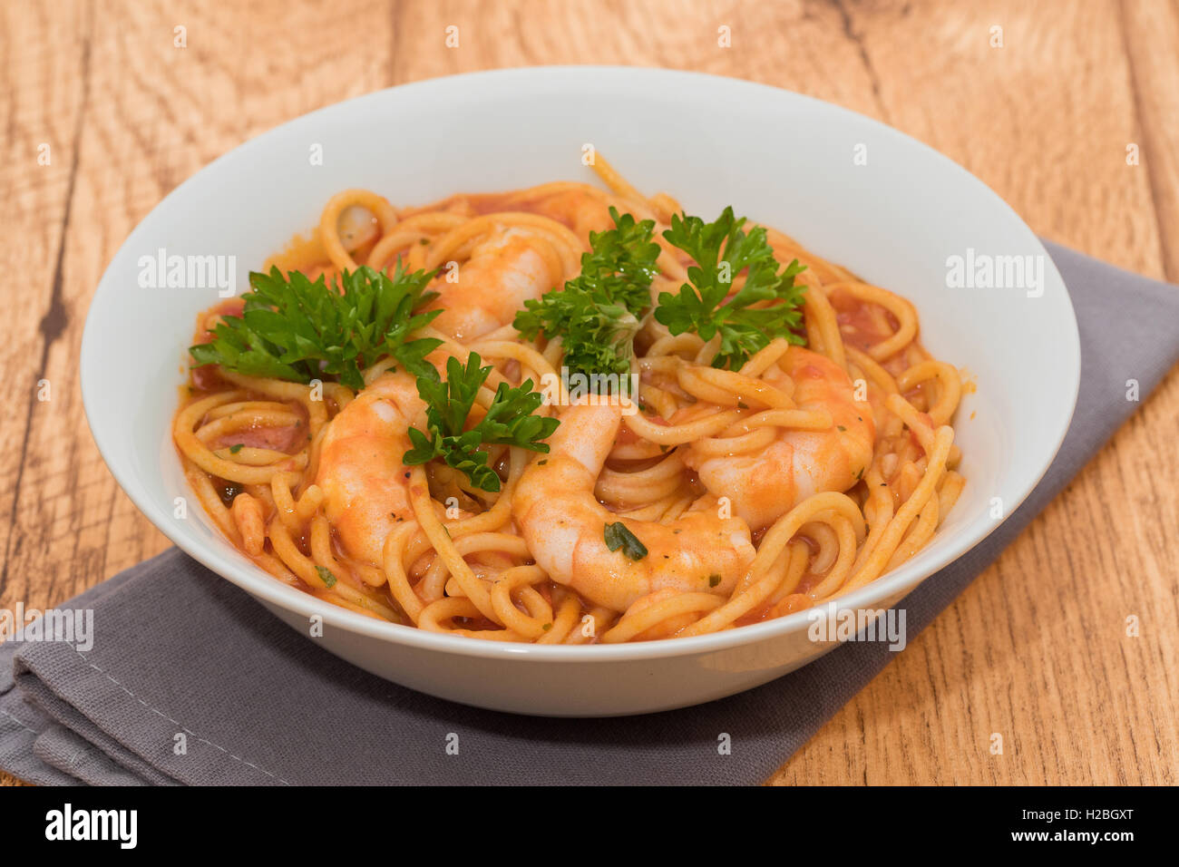 Prawns in spaghetti with tomato sauce Stock Photo