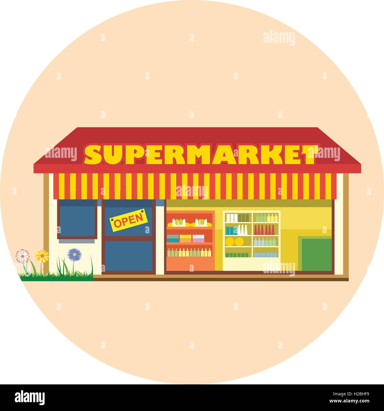 Digital vector super market building icon with open storefront and product  shelves, flat style Stock Vector Image & Art - Alamy