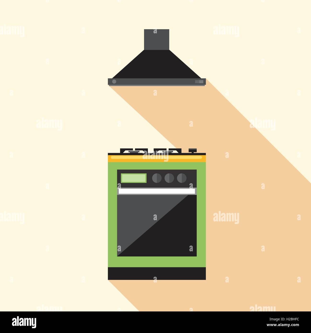 Digital vector picture green and orange kitchen hob set with ventilation, flat style Stock Vector
