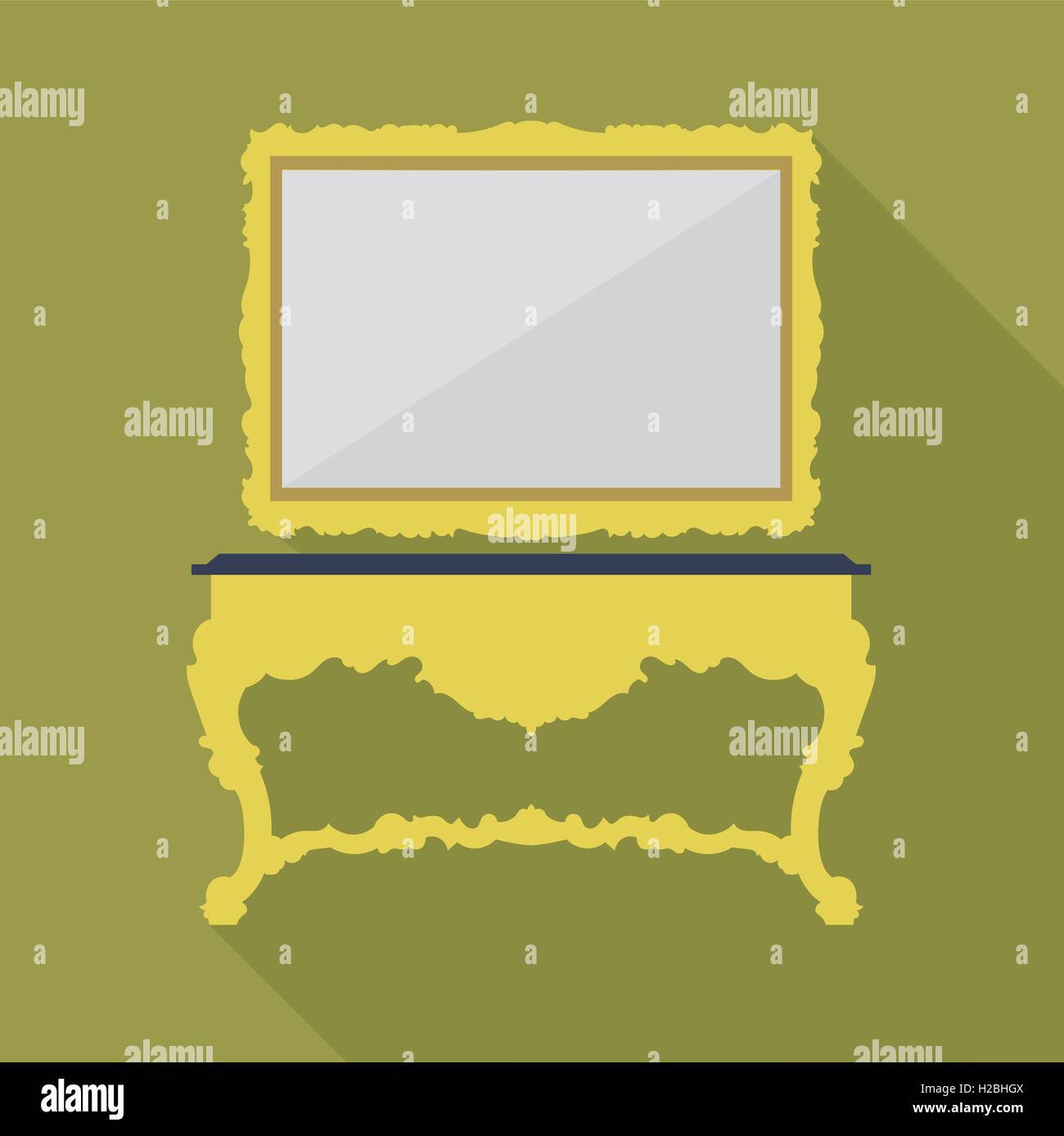 Digital vector green vintage table and mirror isolated, flat style