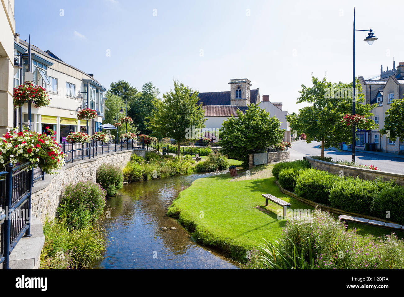 River Marden flows through the centre of Calne town in Wiltshire UK Stock Photo