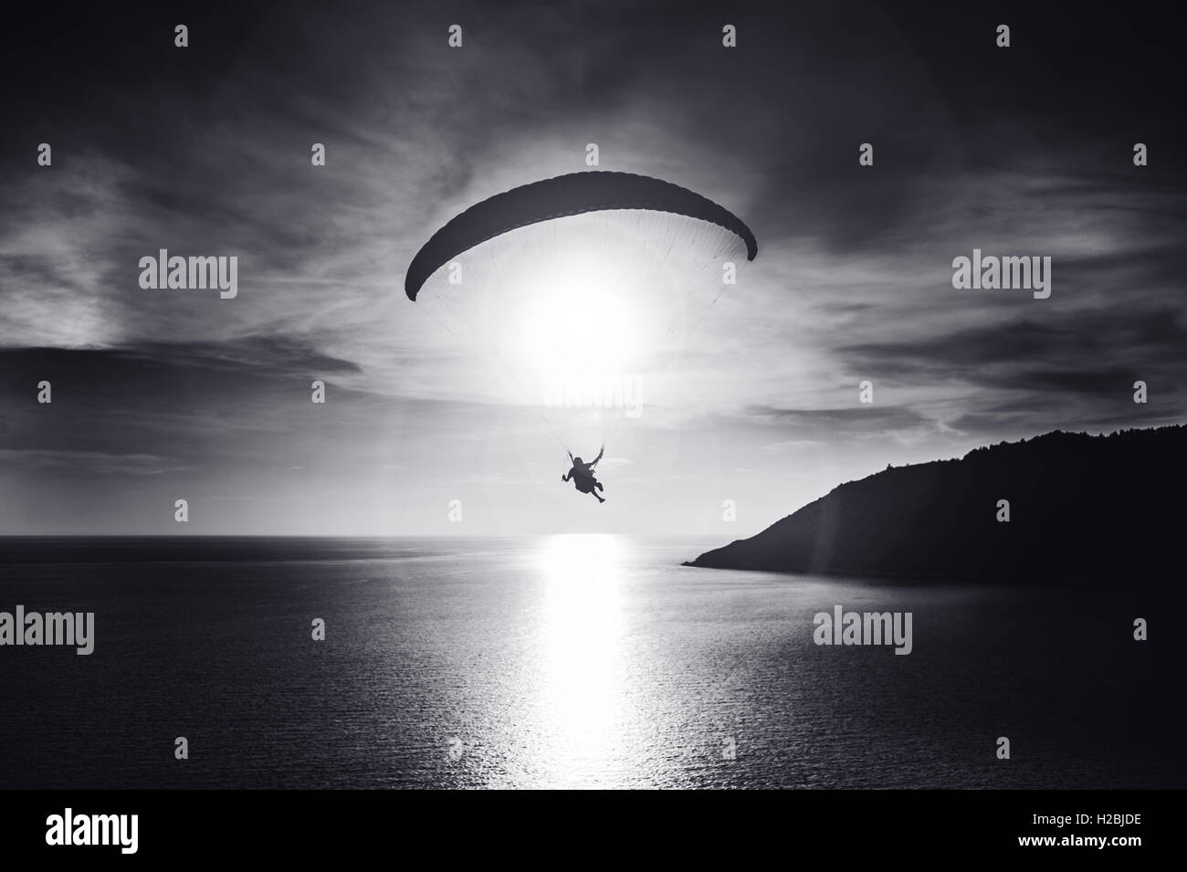 Sky diver flies at sunset over the bay. Black and white photo Stock Photo