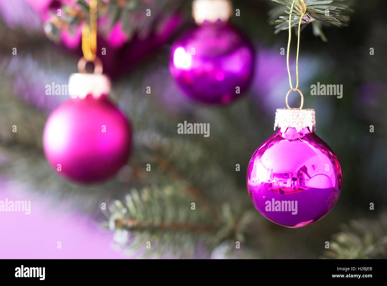 Blurry Christmas Tree With Rose Quartz Balls Stock Photo