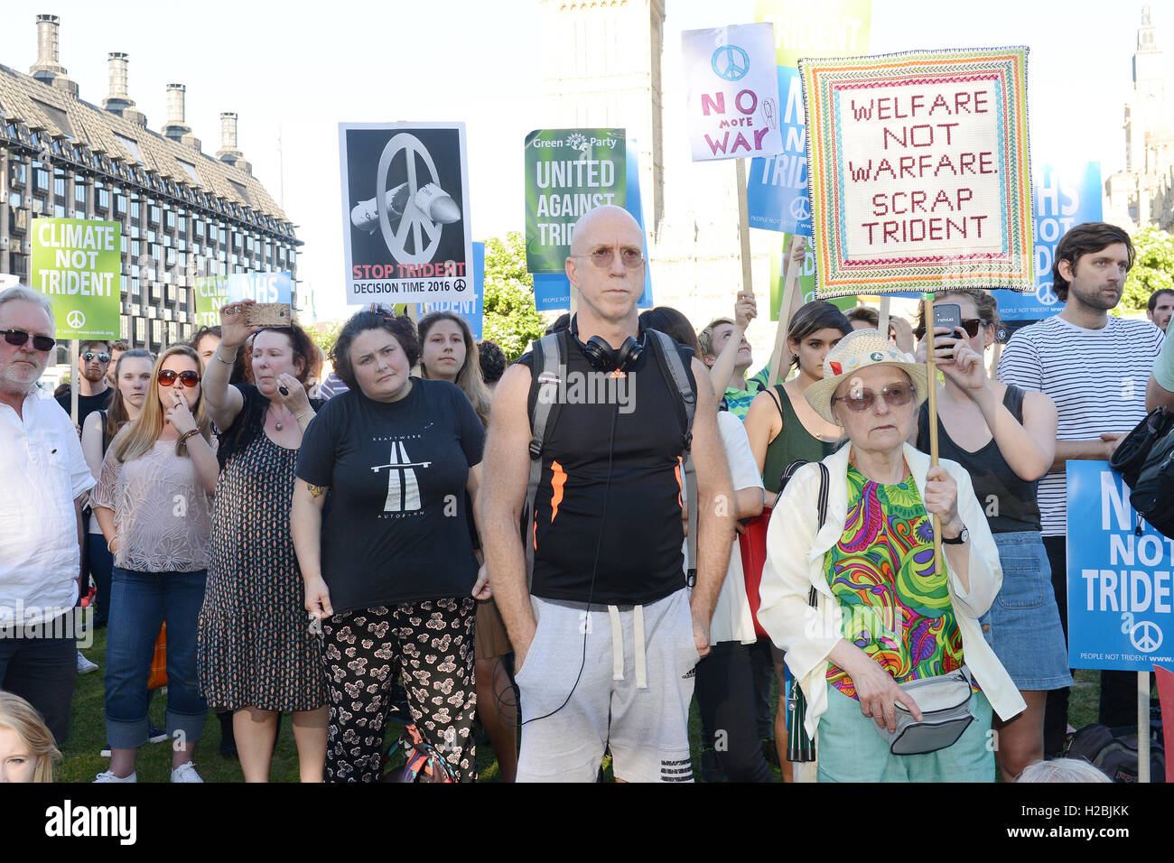 The Campaign for Nuclear Disarmament held an anti Trident protest in Parliament Square as MPs debated on a replacement for the Trident nuclear weapons system  Featuring: Atmosphere Where: London, United Kingdom When: 18 Jul 2016 Stock Photo