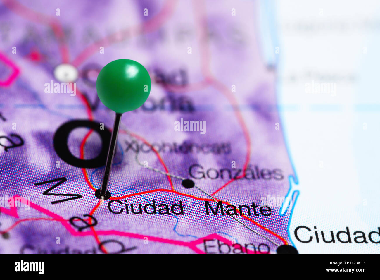 Ciudad Mante pinned on a map of Mexico Stock Photo