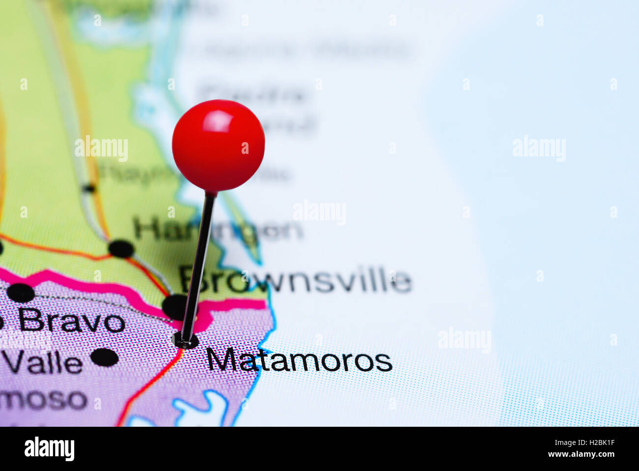 Matamoros pinned on a map of Mexico Stock Photo