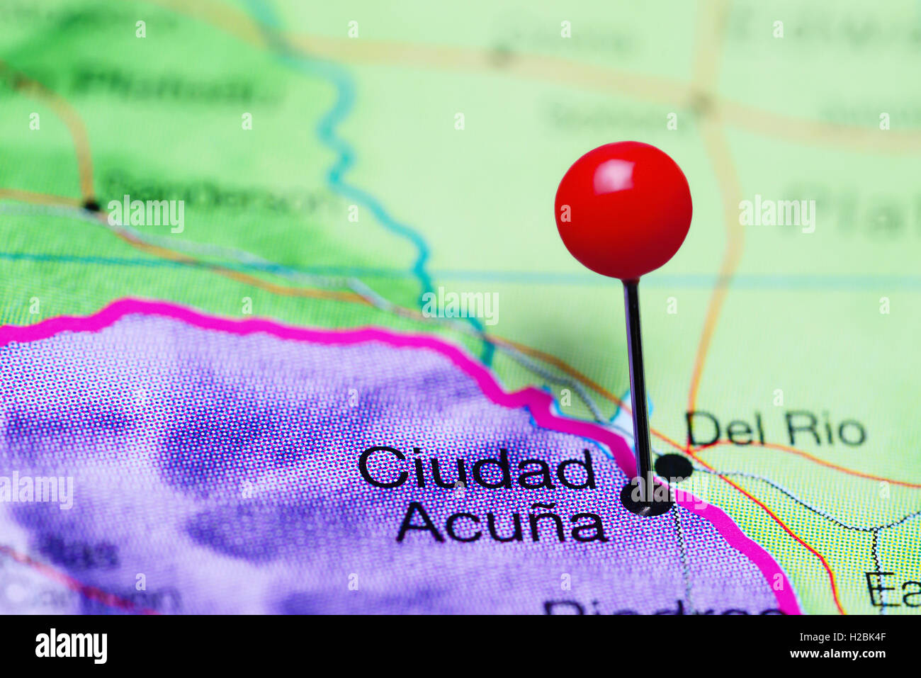 Ciudad Acuna pinned on a map of Mexico Stock Photo