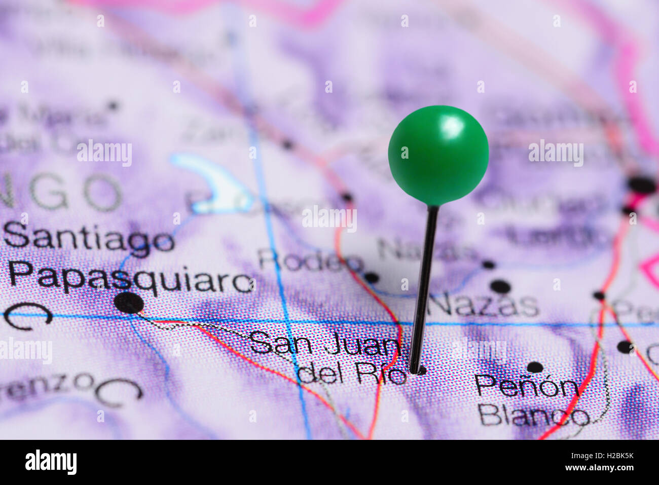 San Juan del Rio pinned on a map of Mexico Stock Photo