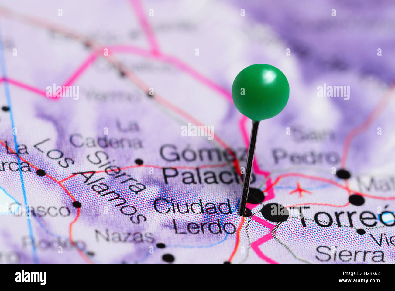 Ciudad Lerdo pinned on a map of Mexico Stock Photo