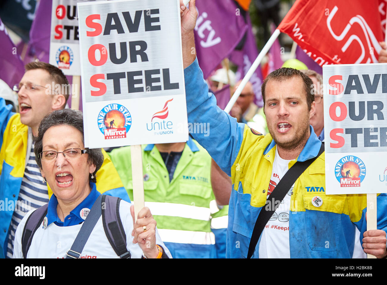 Tata steel protest in London calling on the government to save the steel industry Stock Photo