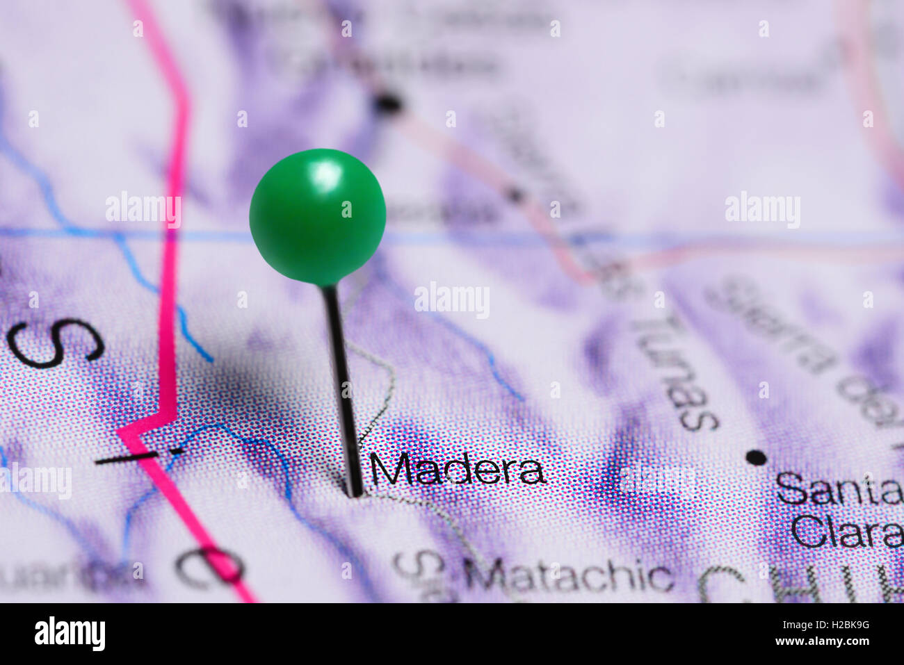 Madera pinned on a map of Mexico Stock Photo