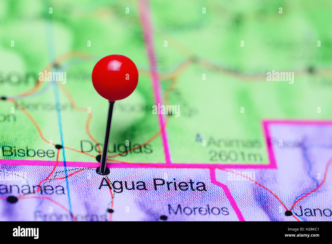 Agua Prieta pinned on a map of Mexico Stock Photo