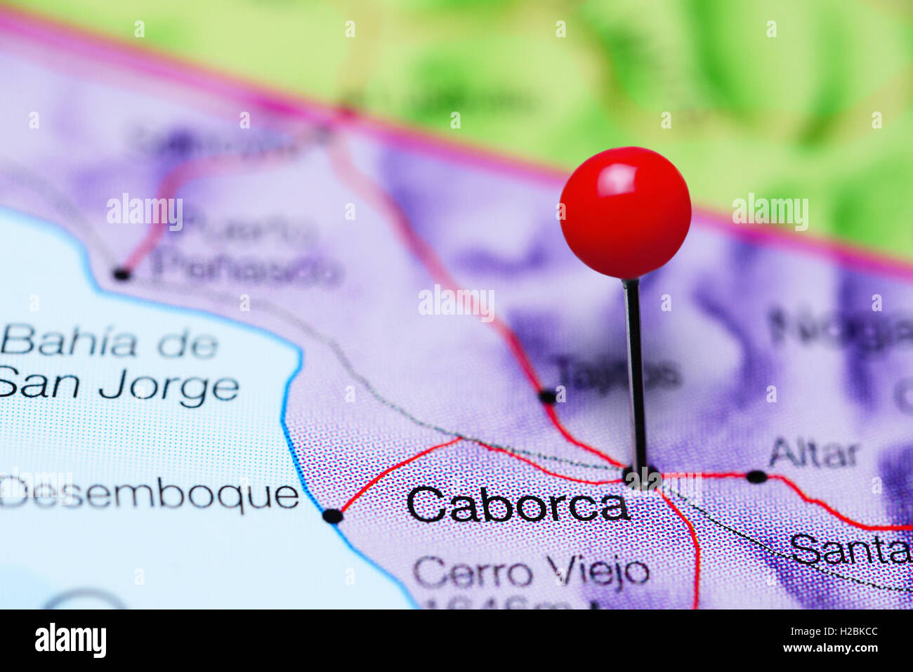 Caborca pinned on a map of Mexico Stock Photo
