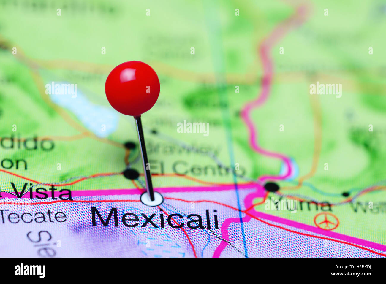 Mexicali pinned on a map of Mexico Stock Photo