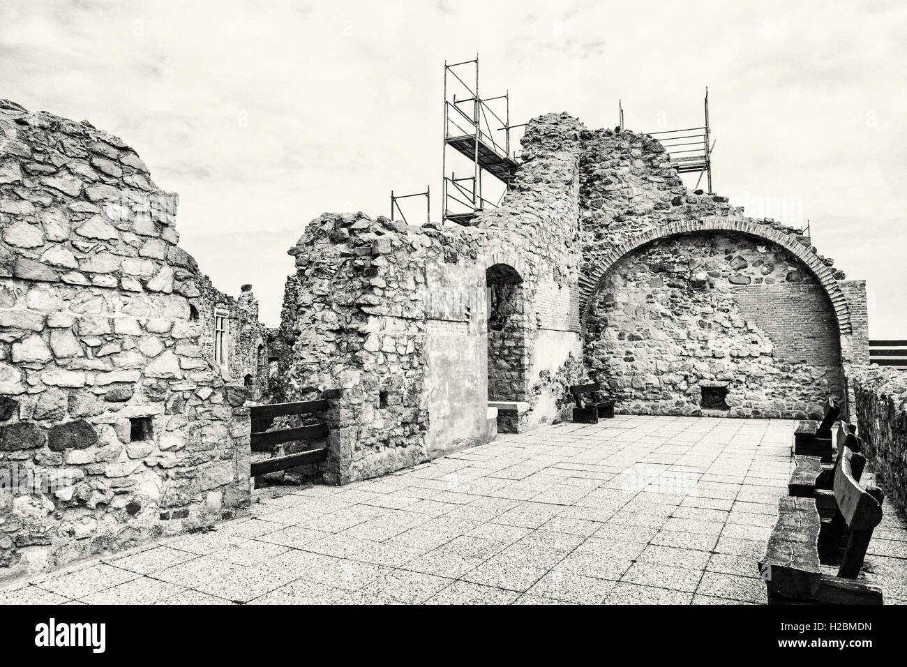Ruin castle of Visegrad, Hungary. Ancient architecture. Travel destination. Cultural heritage. Beautiful place. Black and white Stock Photo